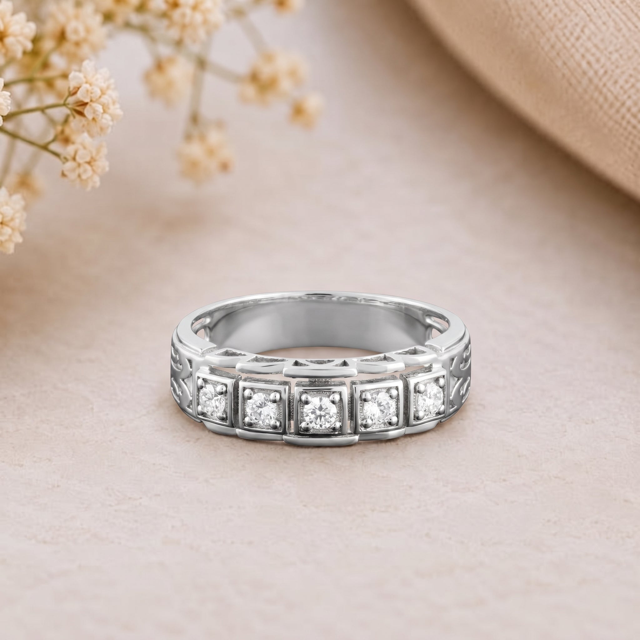 Five-Stone Round Diamond Filigree Band