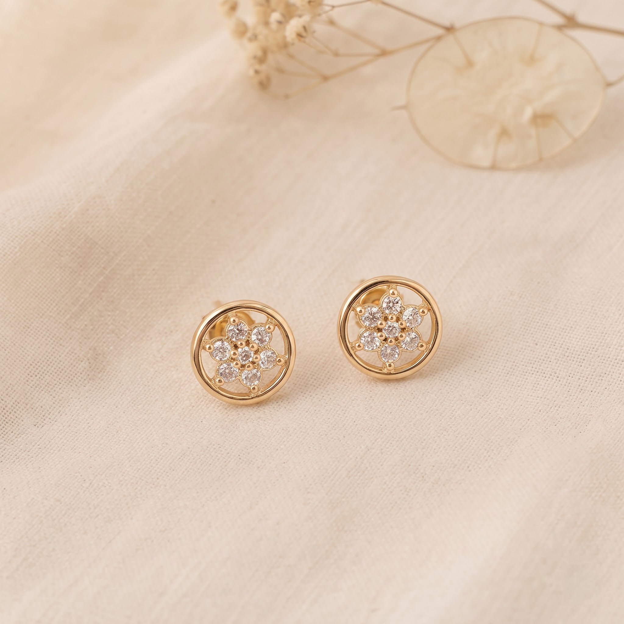 Diamond Floral Cluster Circular Stud Earrings