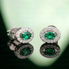 Silver Oval Green Stone Halo Stud Earrings