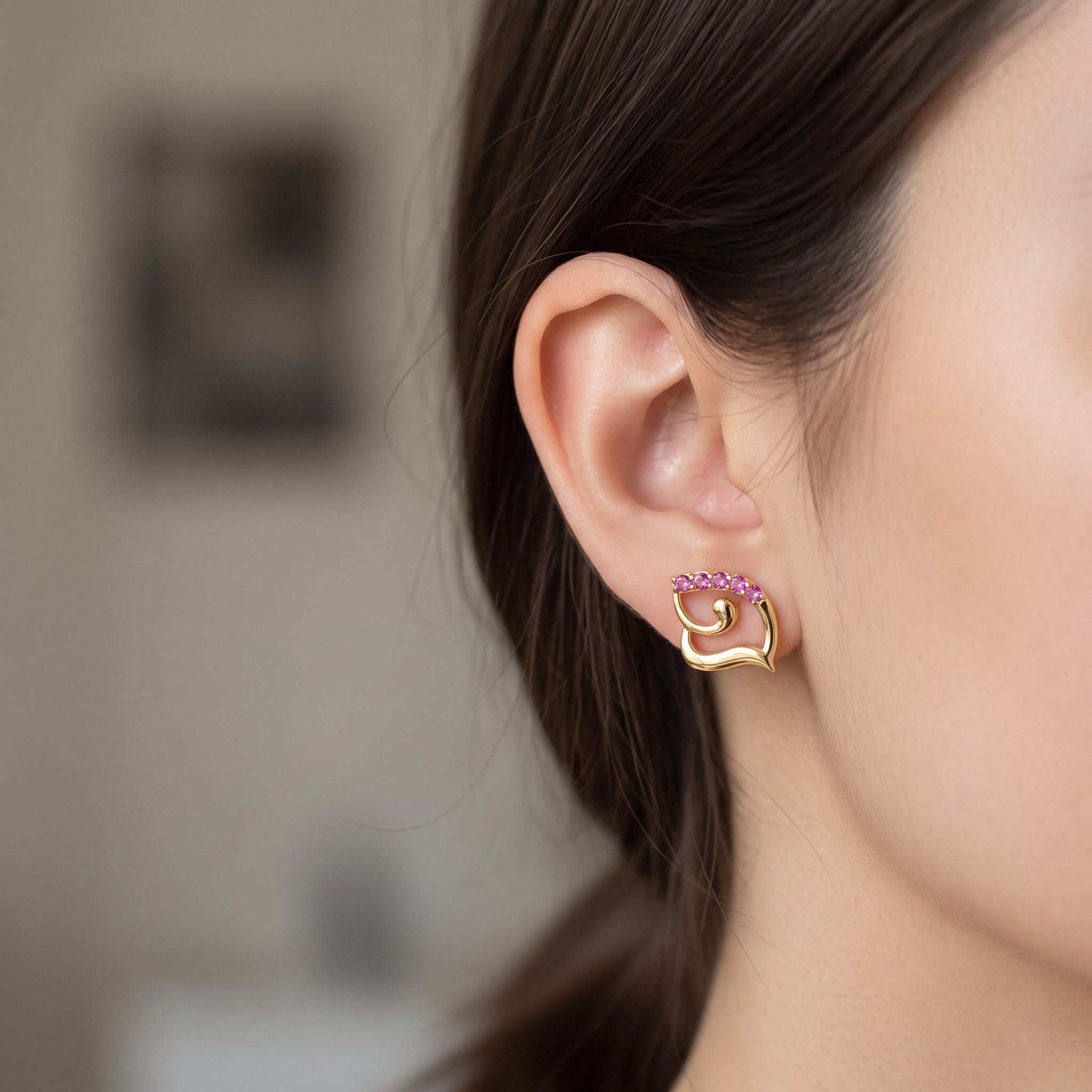 Pink Sapphire Abstract Leaf Stud Earrings