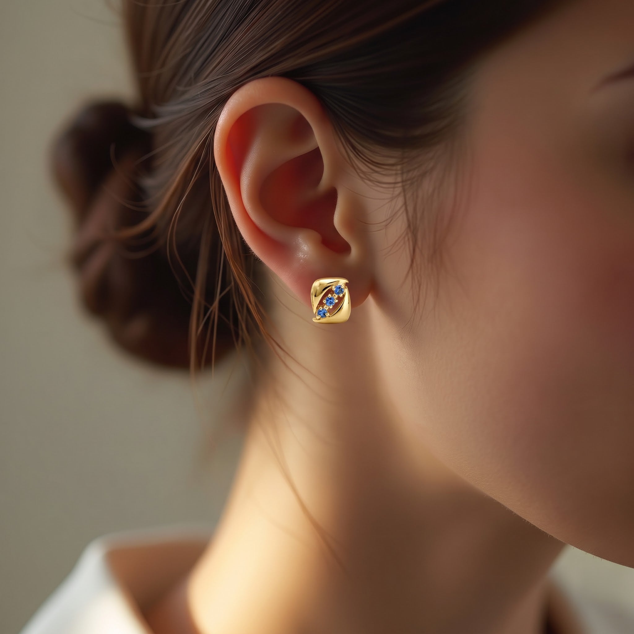 3-Stone Blue Sapphire Diagonal Wave Stud Earrings