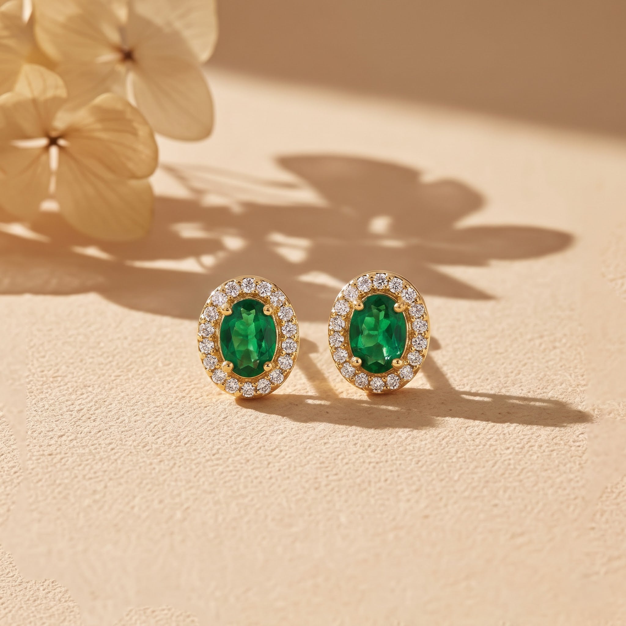 Oval Emerald Halo Stud Earrings