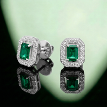 Silver Emerald Cut Green Stone Halo Stud Earrings