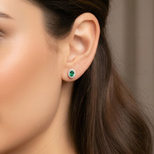 Silver Oval Green Stone Halo Stud Earrings