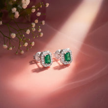 Silver Emerald Cut Green Stone Halo Stud Earrings
