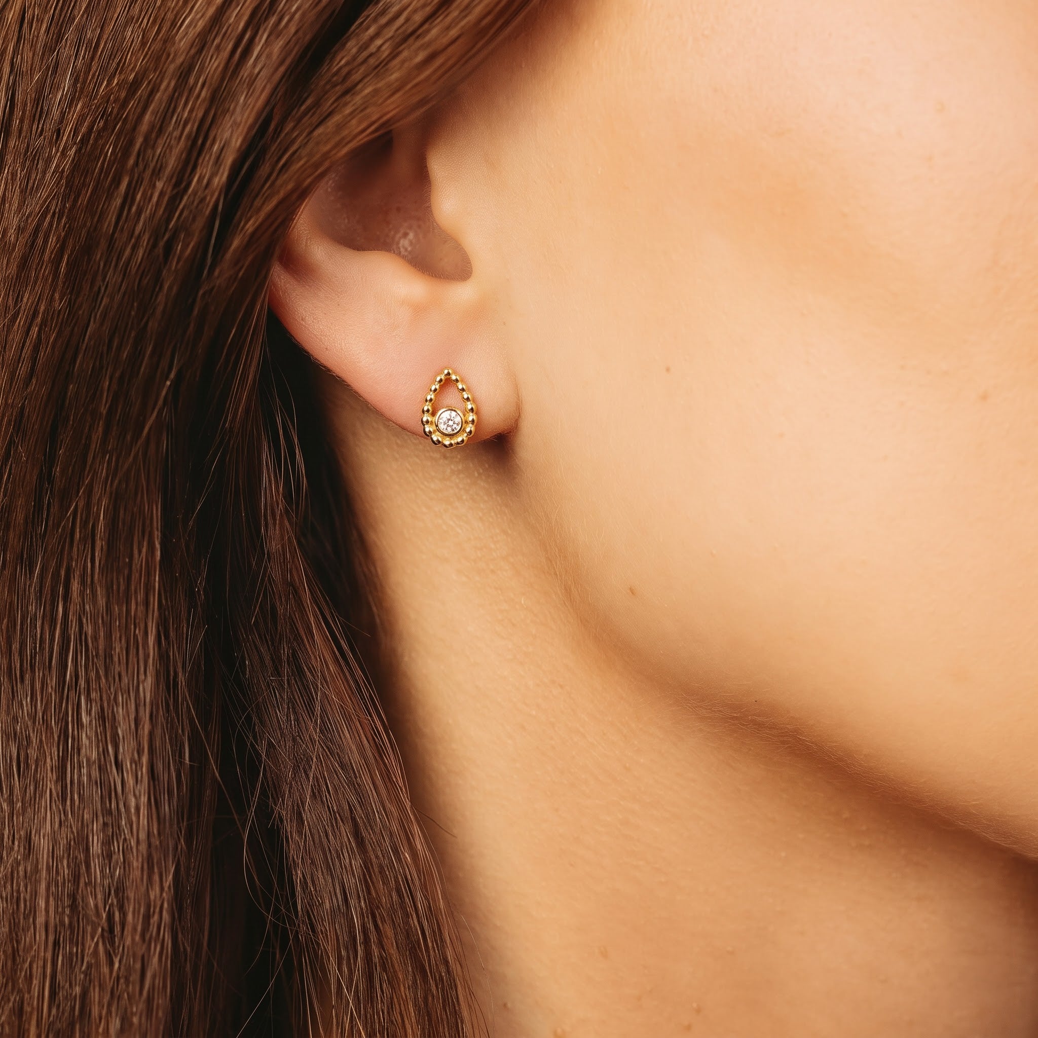 Beaded Teardrop Solitaire Diamond Stud Earrings