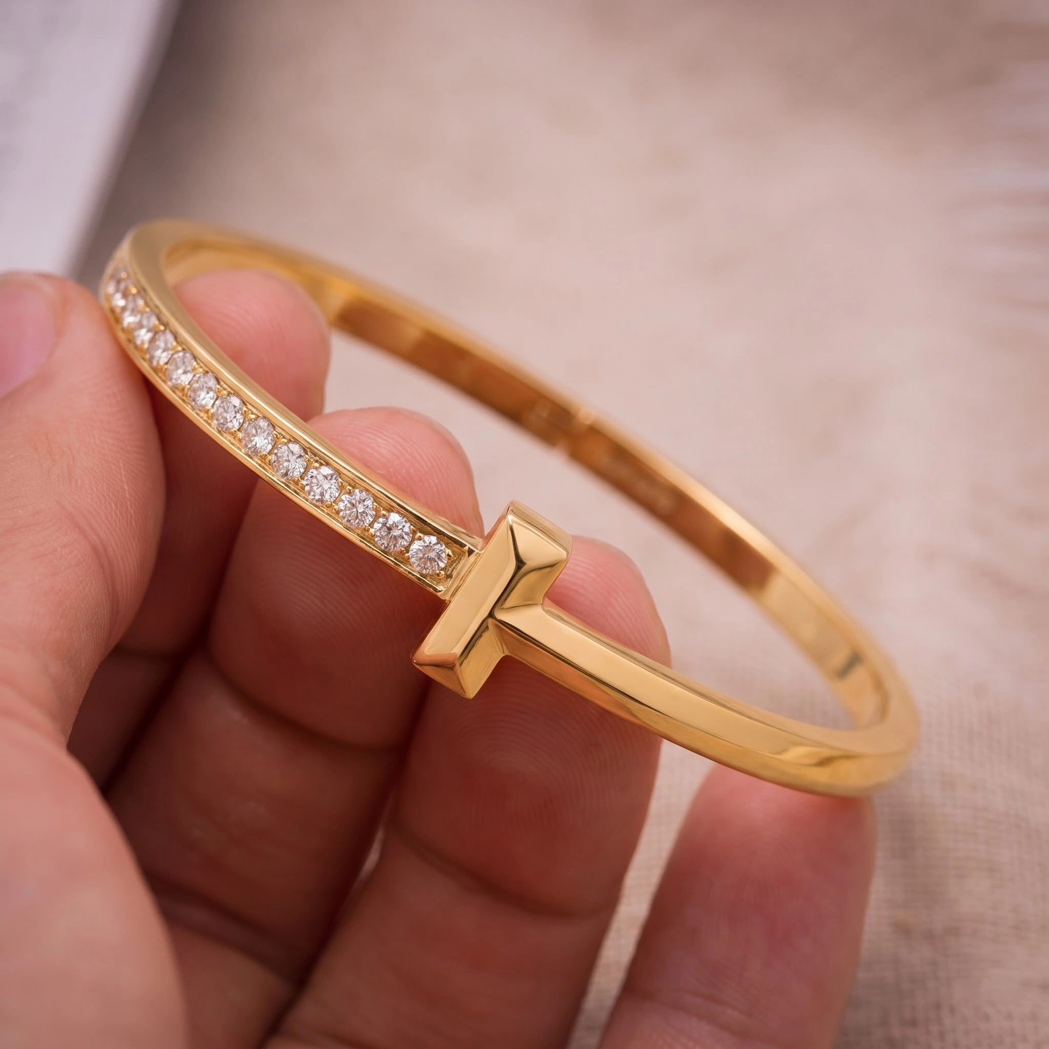 Gold T-Motif White Stone Kada
