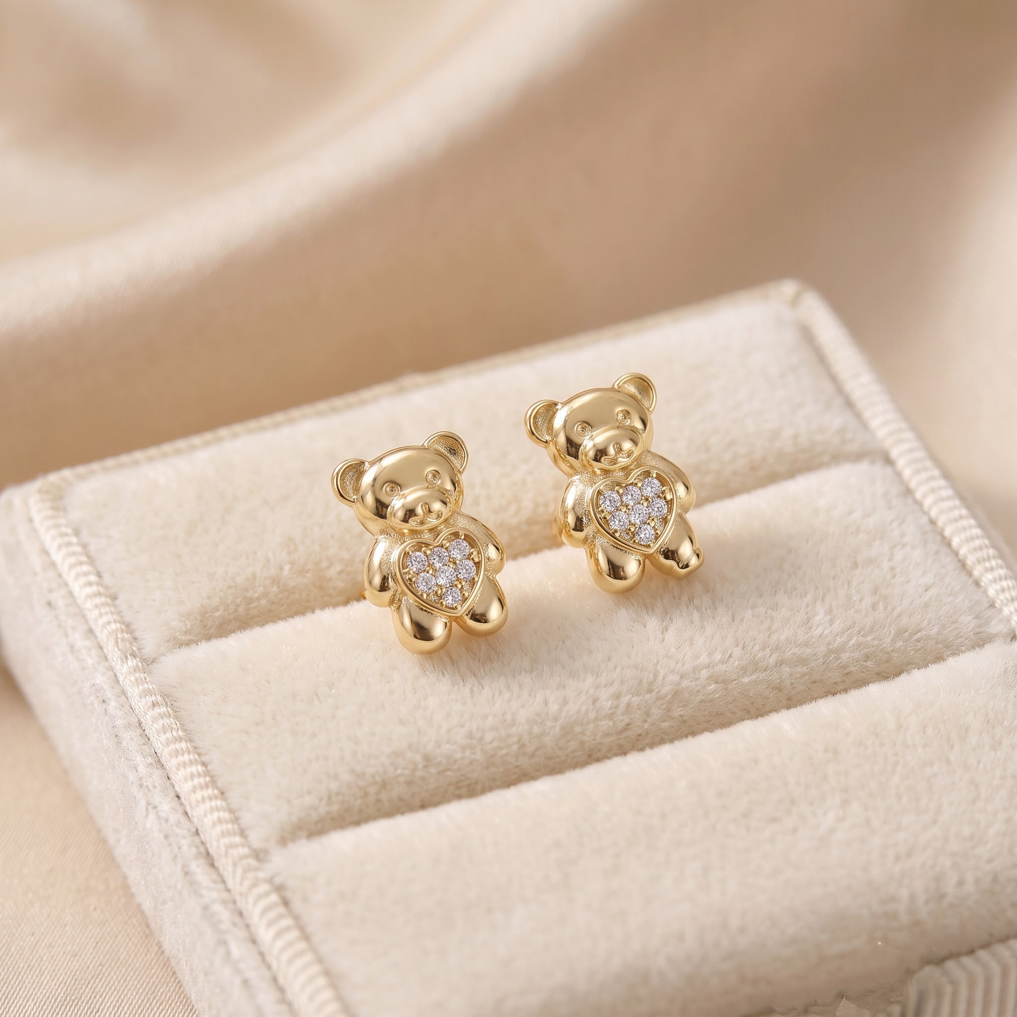 Teddy Bear Heart Diamond Stud Earrings