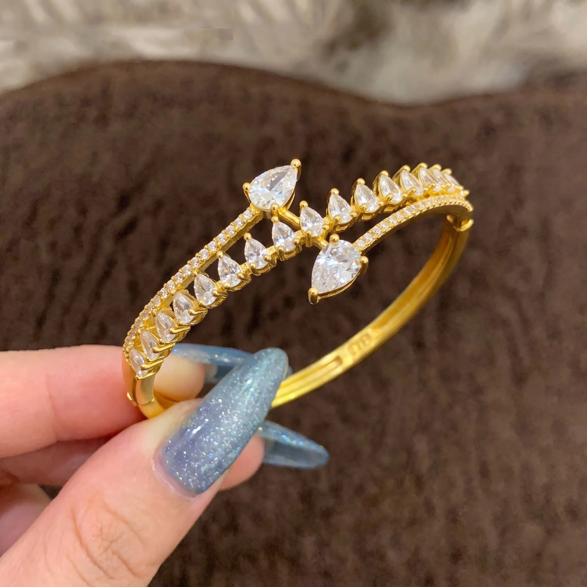 Gold Pear Cut White Stone Kada