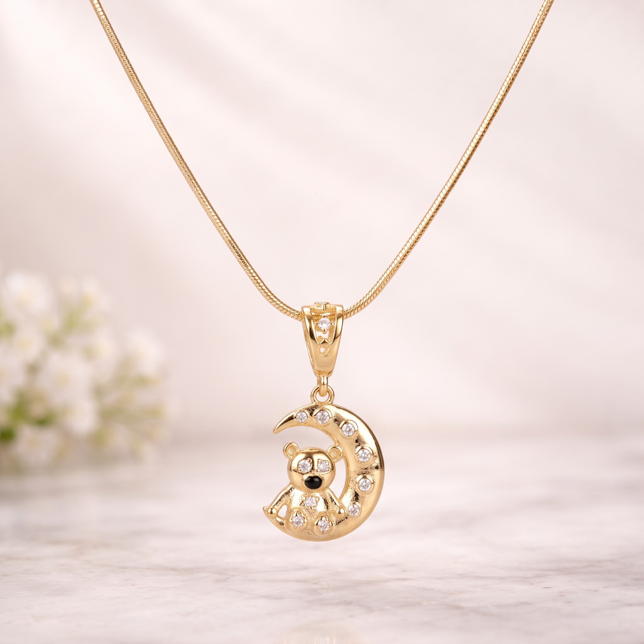 Teddy Bear on Crescent Moon Pendant with Chain